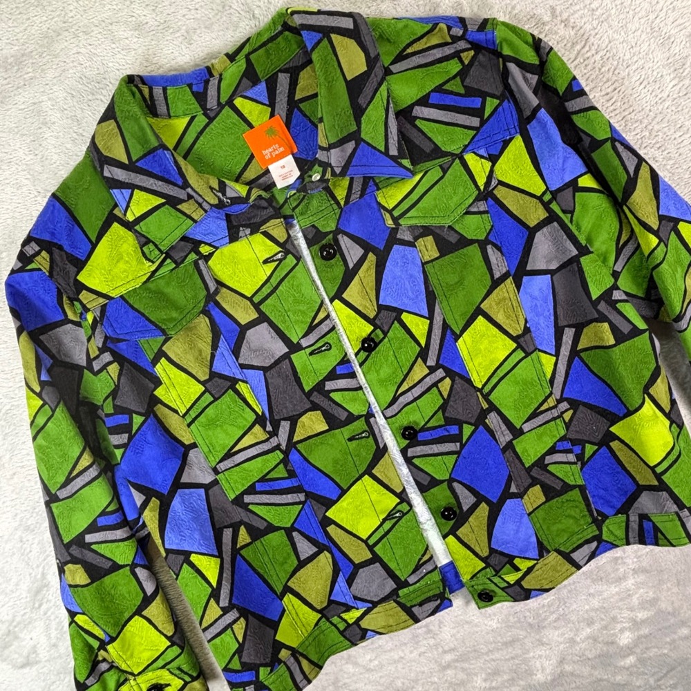Hearts of Palm Bold Abstract Geometric Button Jacket Green Blue Cotton Sz 18